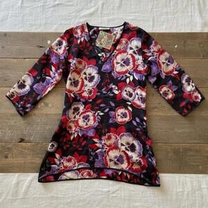 Johnny Was Women's 100% Silk Vibrant Floral Tunic XS V Neck Boho Blouse Vibrant